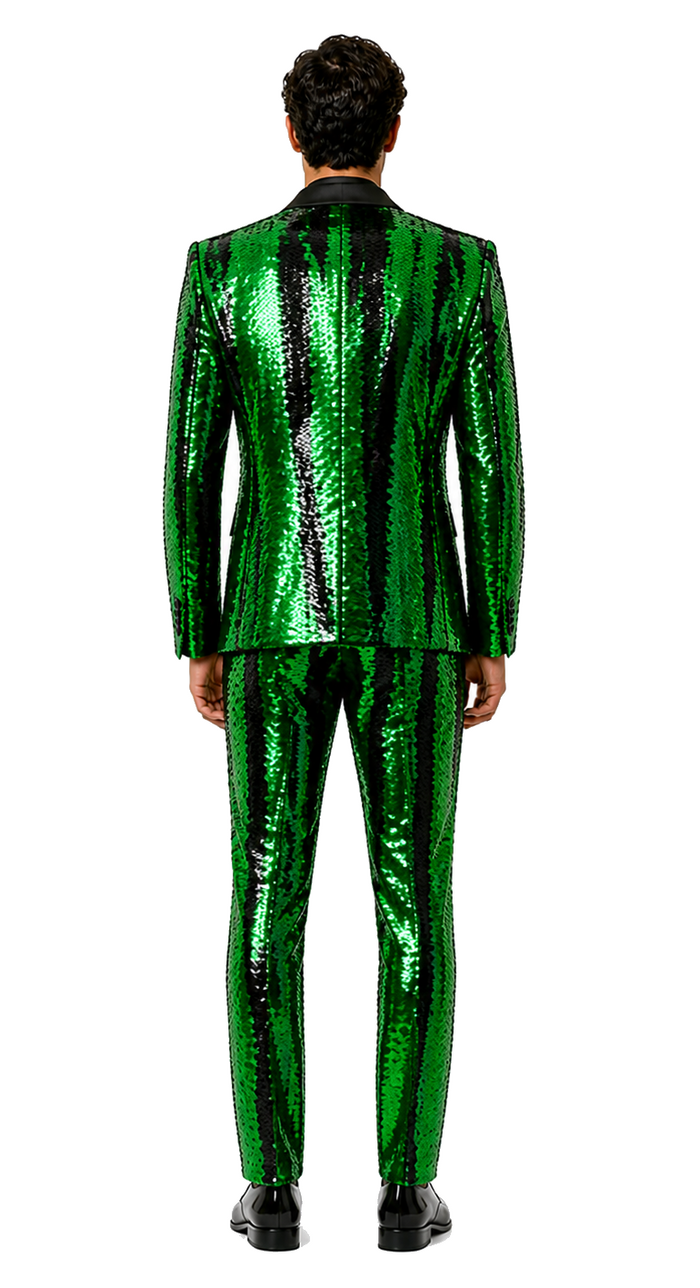 Men's Green Sequin Tuxedo Jacket with Black Satin Lapel and Bow Tie â€“ Sparkling Party and Stage Blazer By Alberto Nardoni