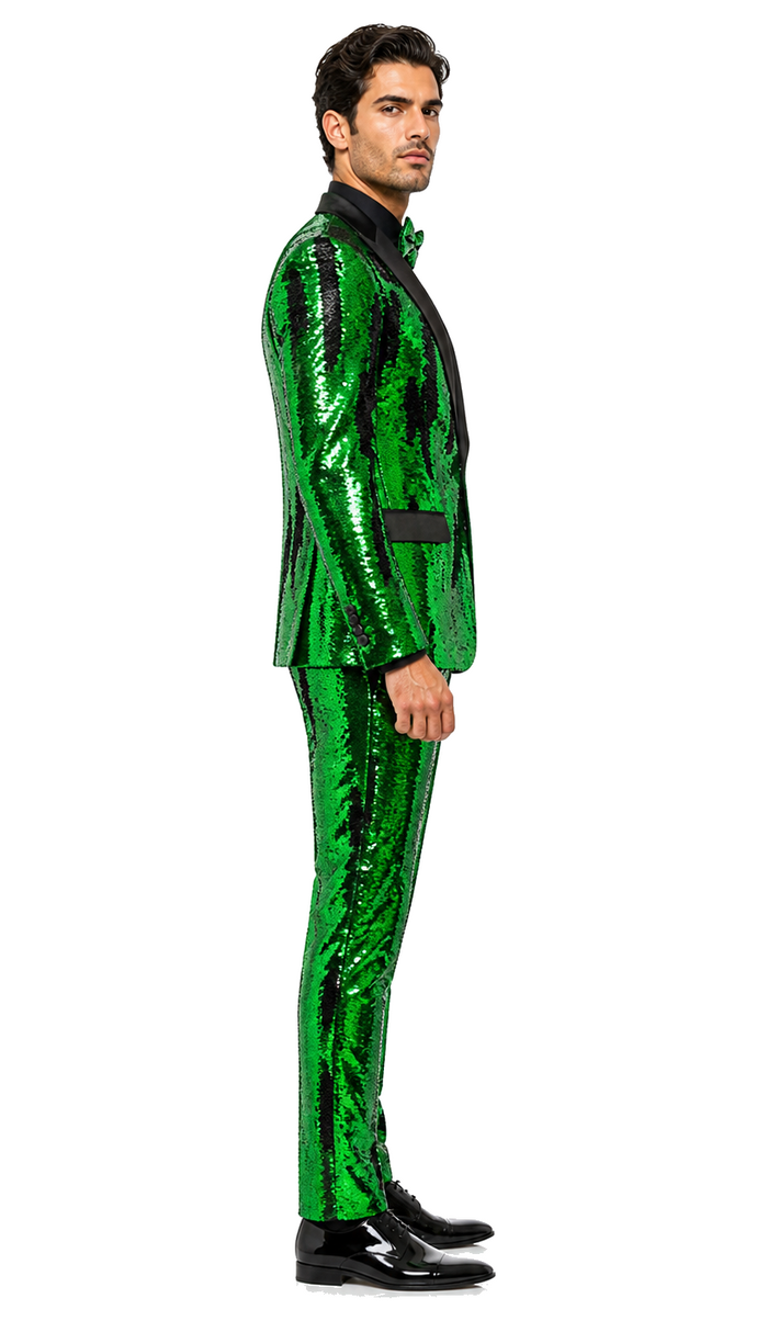 Men's Green Sequin Tuxedo Jacket with Black Satin Lapel and Bow Tie â€“ Sparkling Party and Stage Blazer By Alberto Nardoni