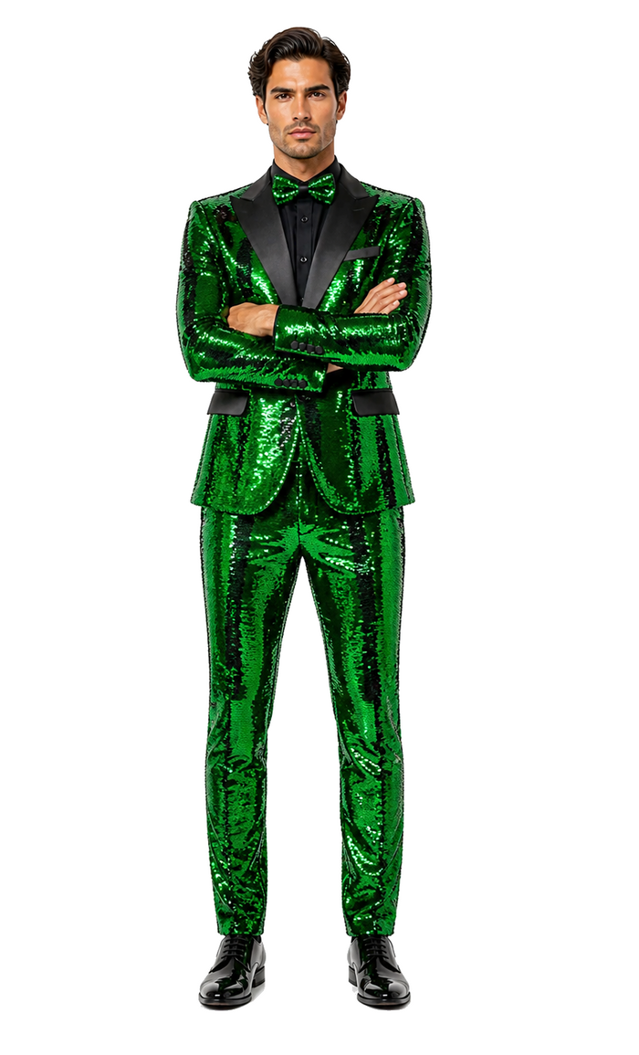 Men's Green Sequin Tuxedo Jacket with Black Satin Lapel and Bow Tie â€“ Sparkling Party and Stage Blazer By Alberto Nardoni