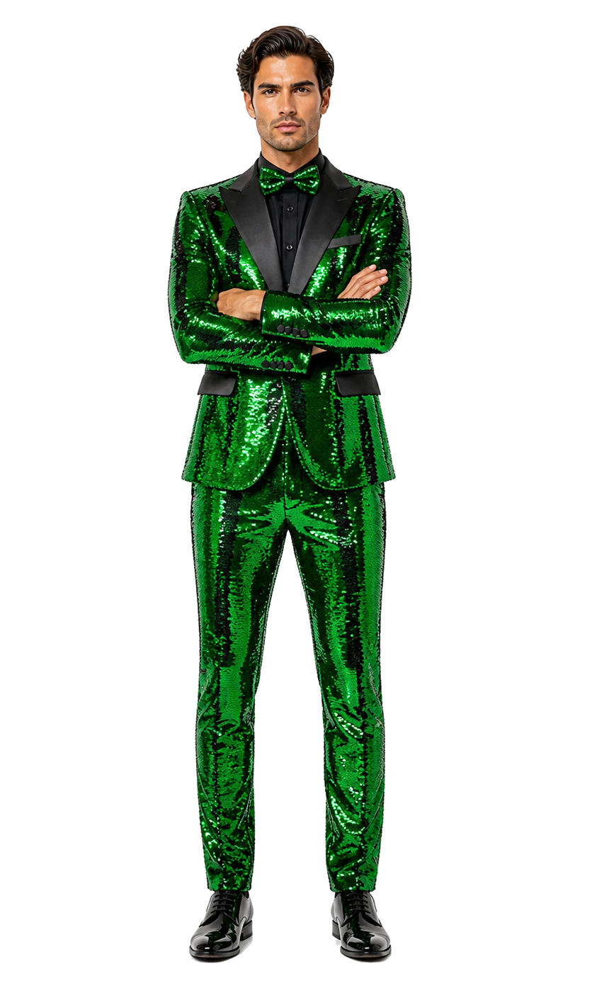 Men's Green Sequin Tuxedo Jacket with Black Satin Lapel and Bow Tie â€“ Sparkling Party and Stage Blazer By Alberto Nardoni