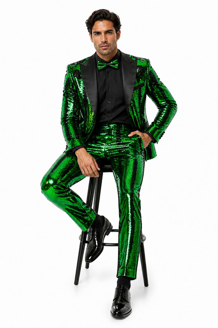 Men's Green Sequin Tuxedo Jacket with Black Satin Lapel and Bow Tie â€“ Sparkling Party and Stage Blazer By Alberto Nardoni