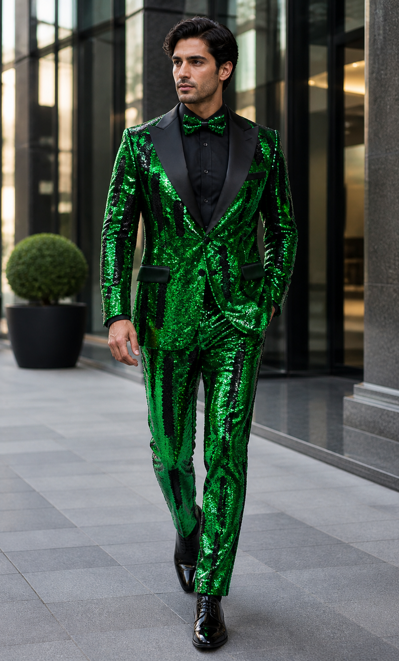 Men's Green Sequin Tuxedo Jacket with Black Satin Lapel and Bow Tie â€“ Sparkling Party and Stage Blazer By Alberto Nardoni