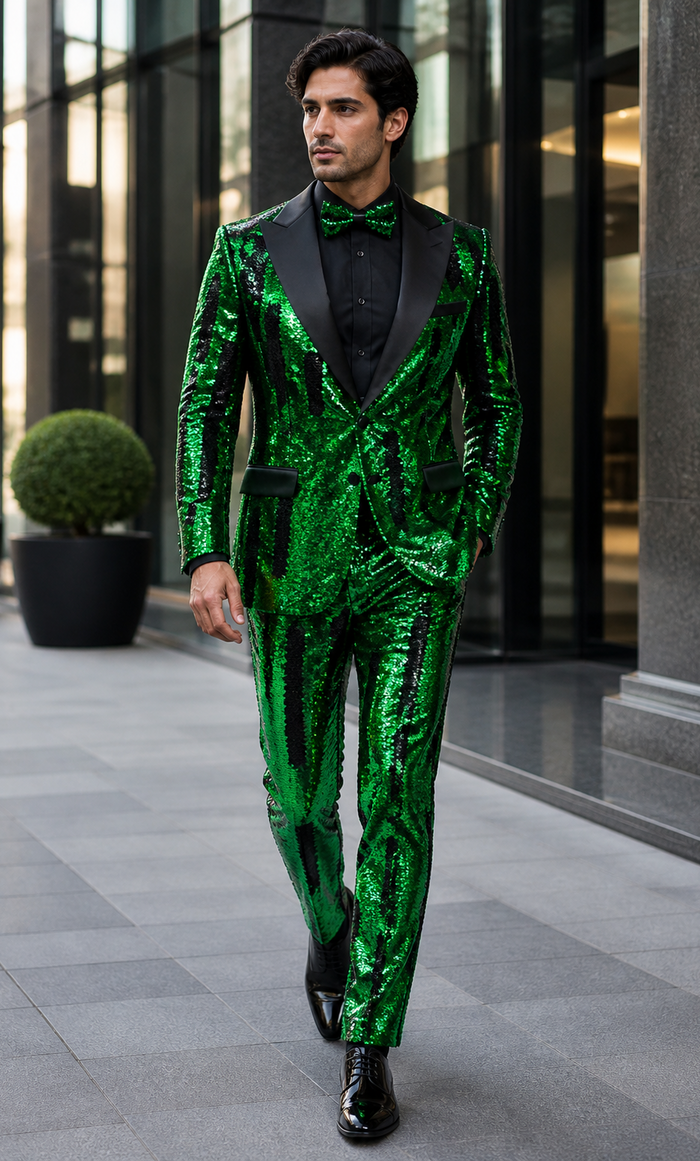 Men's Green Sequin Tuxedo Jacket with Black Satin Lapel and Bow Tie â€“ Sparkling Party and Stage Blazer By Alberto Nardoni