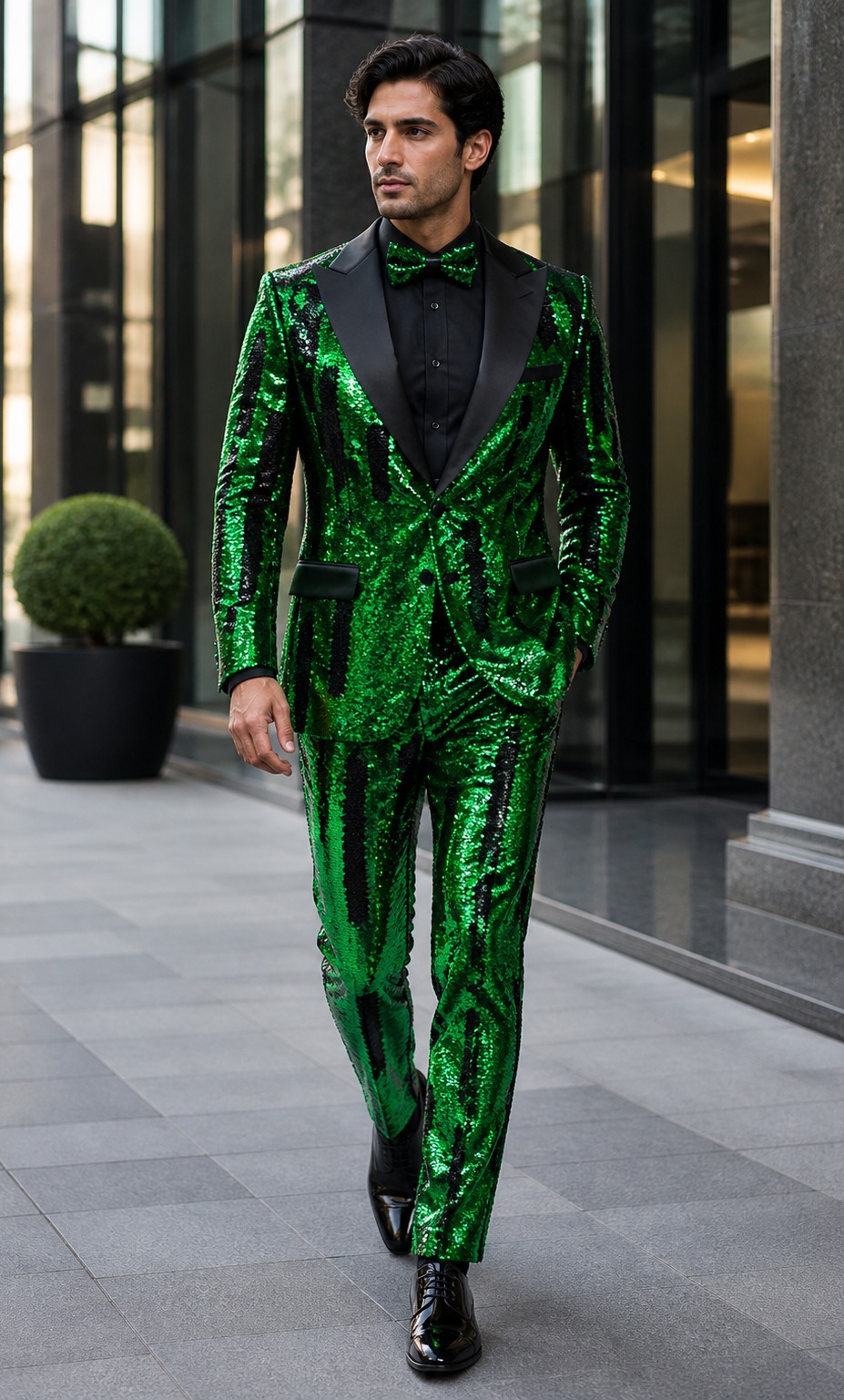 Men's Green Sequin Tuxedo Jacket with Black Satin Lapel and Bow Tie â€“ Sparkling Party and Stage Blazer By Alberto Nardoni
