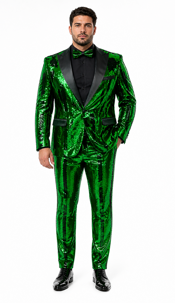 Men's Green Sequin Tuxedo Jacket with Black Satin Lapel and Bow Tie â€“ Sparkling Party and Stage Blazer By Alberto Nardoni