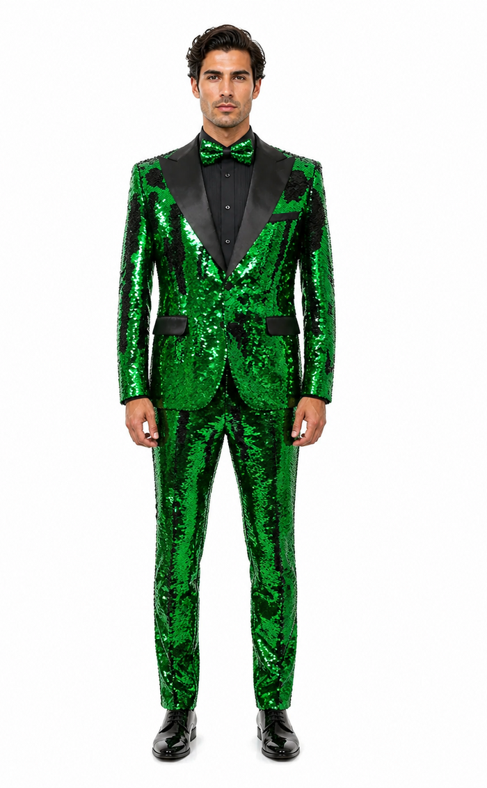Men's Green Sequin Tuxedo Jacket with Black Satin Lapel and Bow Tie â€“ Sparkling Party and Stage Blazer By Alberto Nardoni