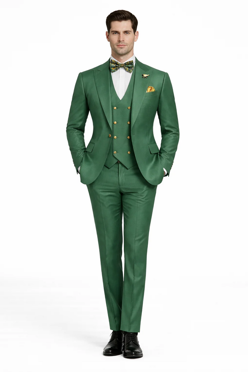 Mens Green Slim Fit Suit by Rossiman Stylish Double-Breasted Vest & Flat Front Pants