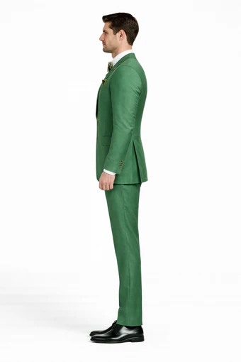 Mens Green Slim Fit Suit by Rossiman Stylish Double-Breasted Vest & Flat Front Pants