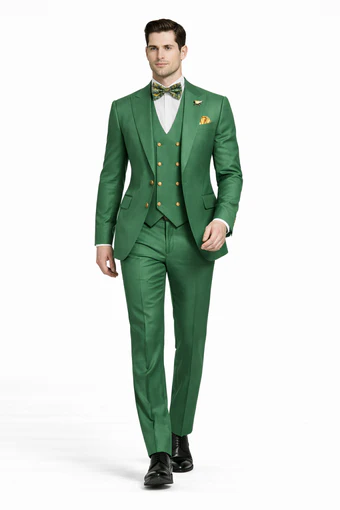 Mens Green Slim Fit Suit by Rossiman Stylish Double-Breasted Vest & Flat Front Pants