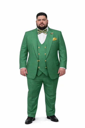 Mens Green Slim Fit Suit by Rossiman Stylish Double-Breasted Vest & Flat Front Pants