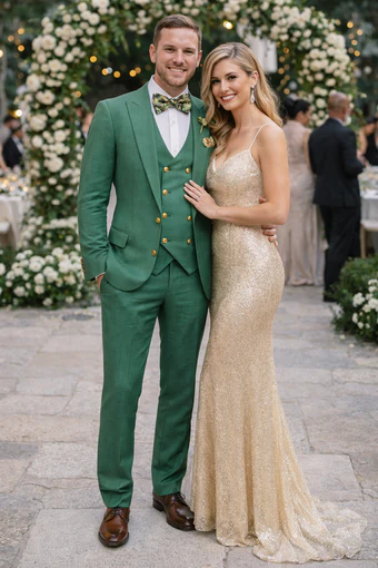 Menâ€™s Green Slim Fit Suit by Rossiman â€“ Stylish Double-Breasted Vest & Flat Front Pants