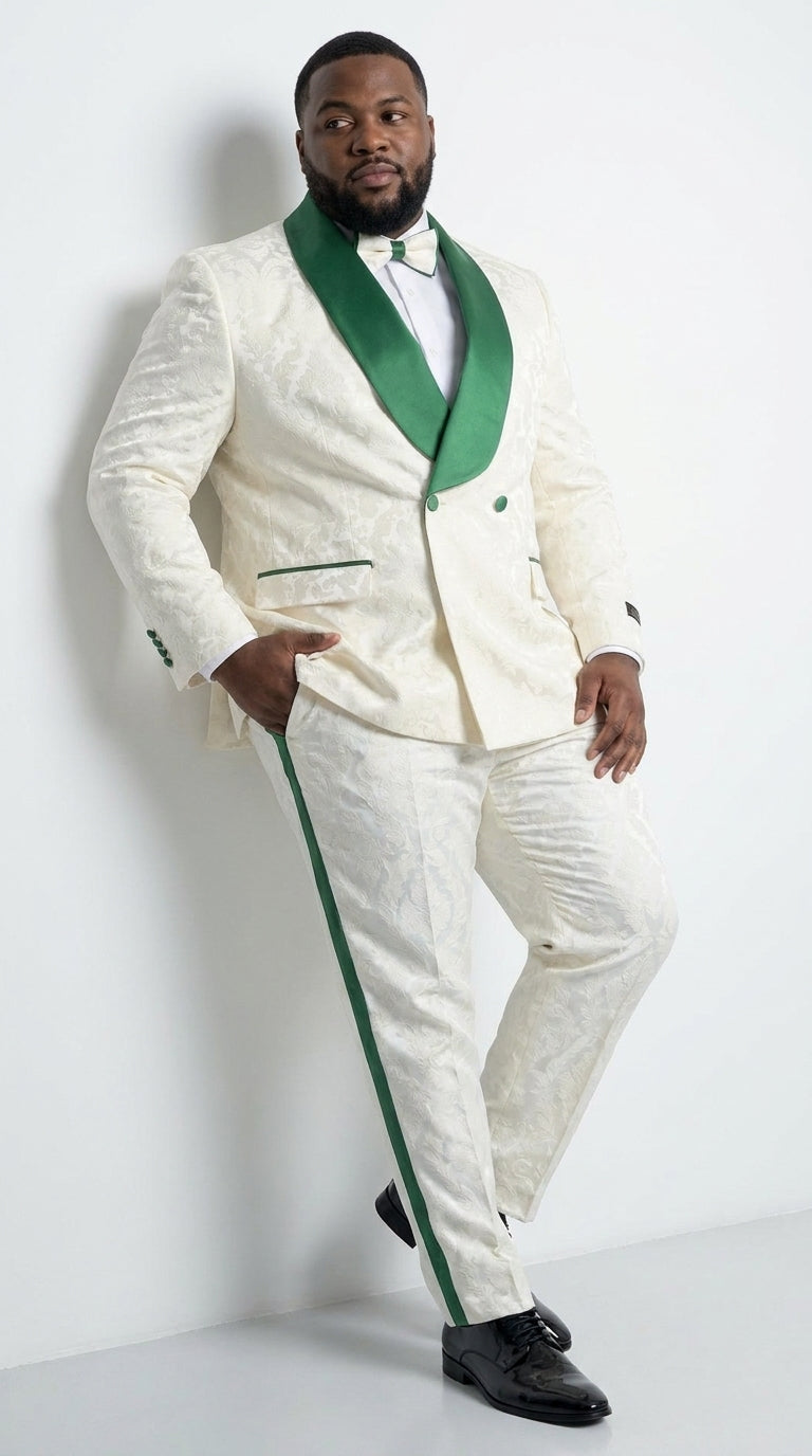 Mens Green & White Tuxedo Suit – White Floral Jacquard Wedding Suit with Green Shawl Lapel