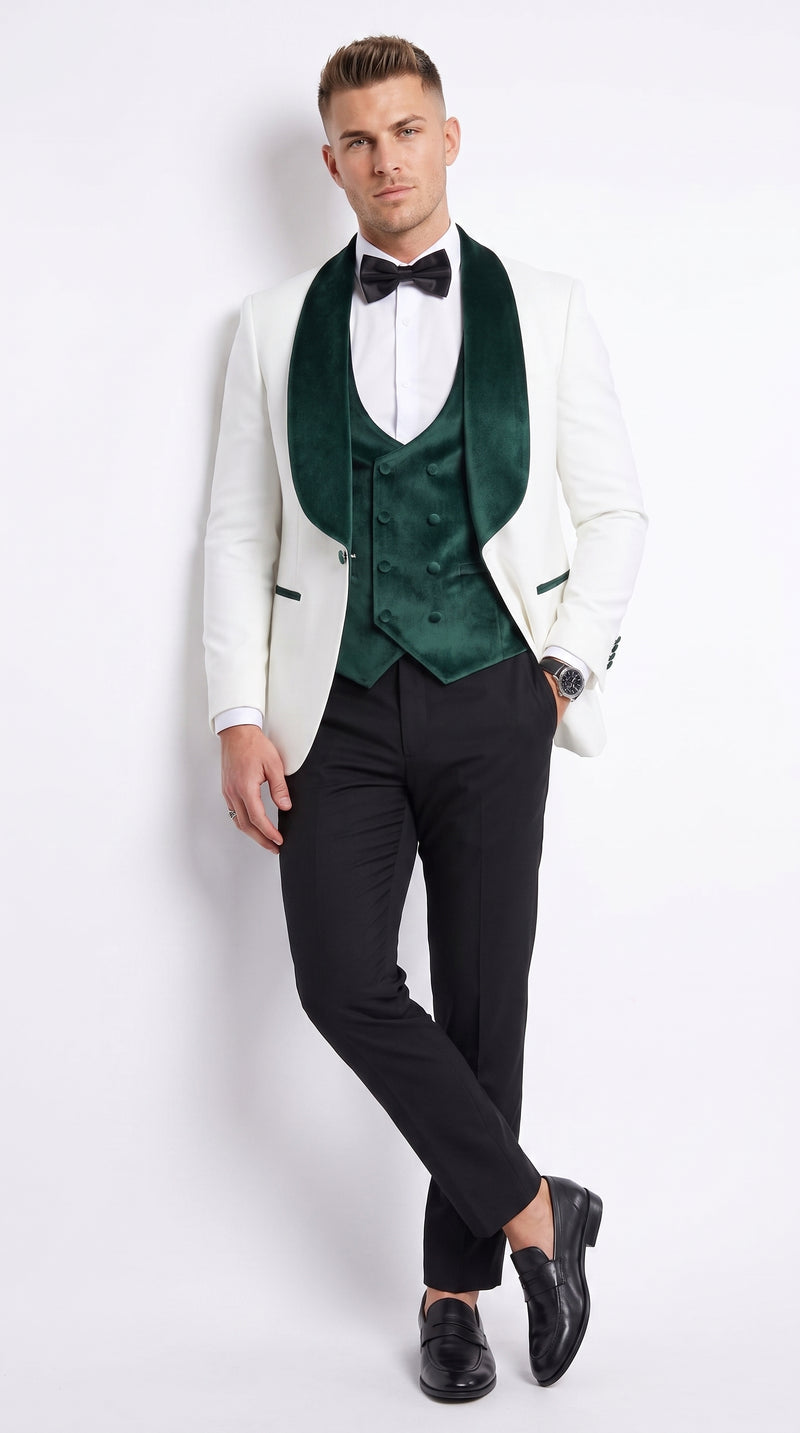Mens Green & White Tuxedo with Black Pants – Velvet Shawl Lapel 3-Piece Wedding Suit