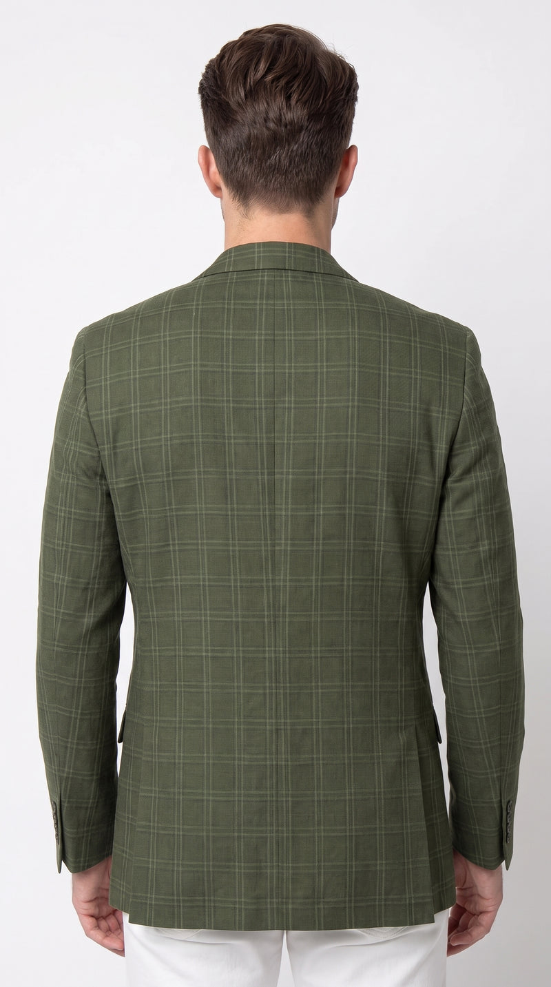 Men’s Green Windowpane Blazer – Two-Button Plaid Sport Coat for Weddings, Business and Modern Fit