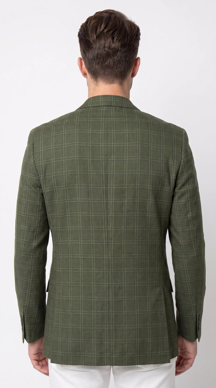 Men’s Green Windowpane Blazer – Two-Button Plaid Sport Coat for Weddings, Business and Modern Fit