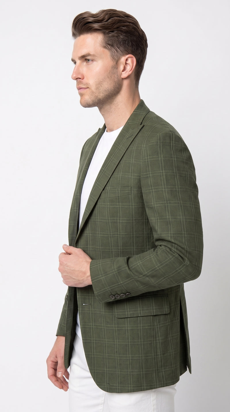 Men’s Green Windowpane Blazer – Two-Button Plaid Sport Coat for Weddings, Business and Modern Fit