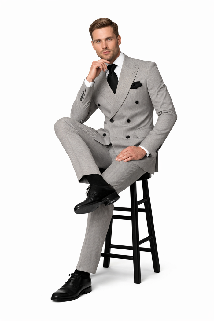 Mens Grey and Black Pinstripe Double-Breasted Suit 1920s Gangster Vintage Looking suit By Rossiman