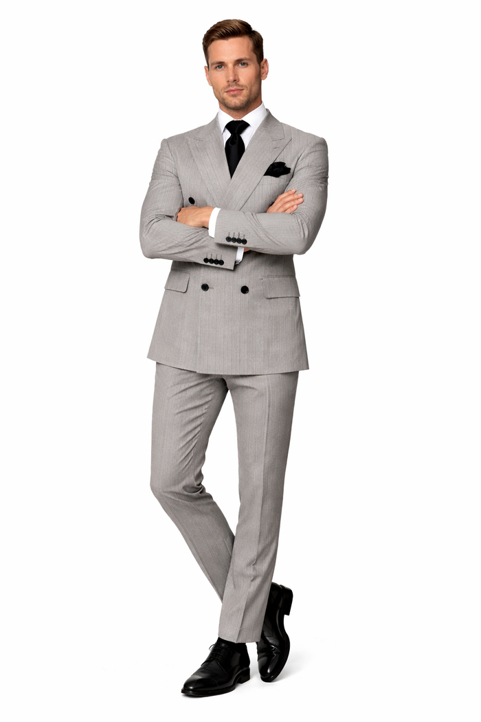 Mens Grey and Black Pinstripe Double-Breasted Suit 1920s Gangster Vintage Looking suit By Rossiman