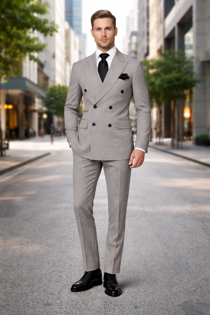 Mens Grey and Black Pinstripe Double-Breasted Suit 1920s Gangster Vintage Looking suit By Rossiman