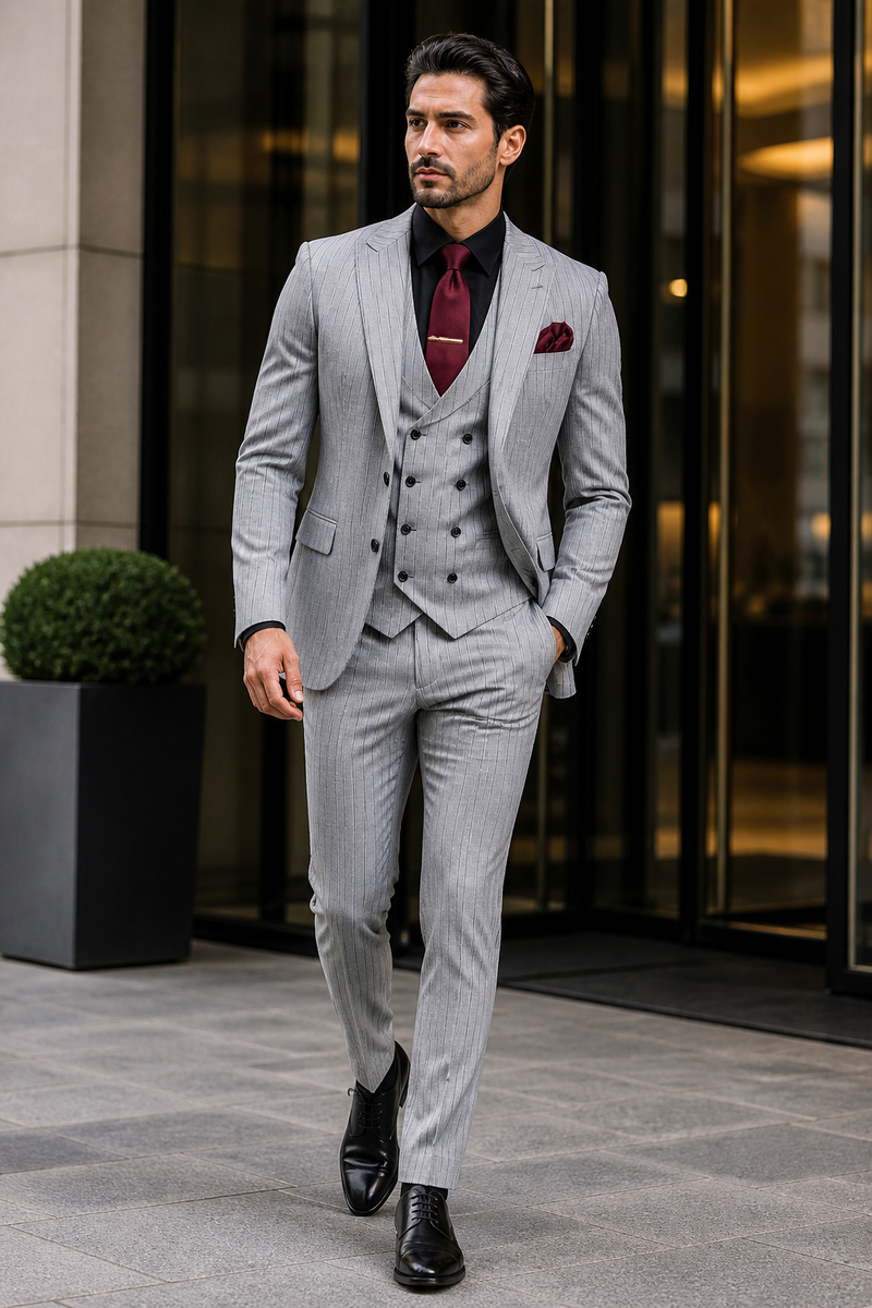 Men's Grey and Black Pinstripe Three-Piece Suit 1920s Suit Gangster Stripe Vintage Look