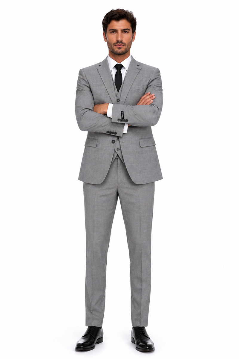 Men’s Grey Plaid 3-Piece Tailored Fit Suit with Vest