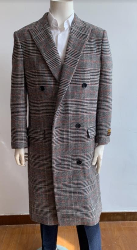 Mens Grey Plaid Peacoat