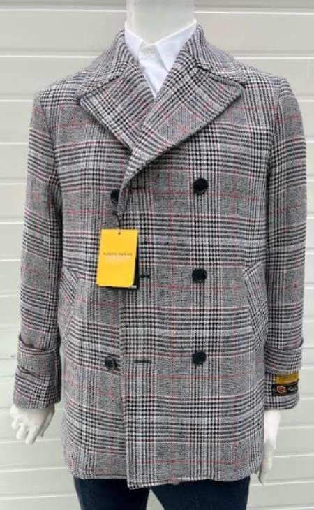 Mens Grey Plaid Peacoat