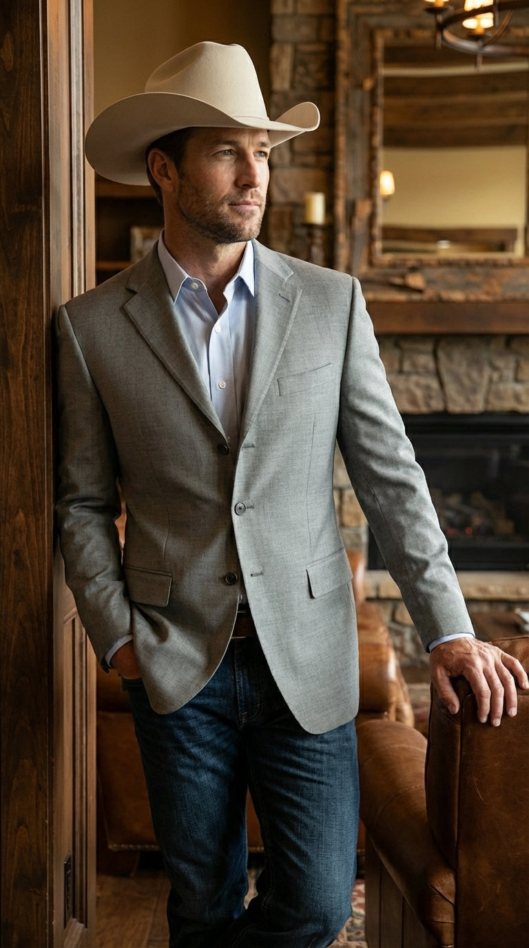 Mens Grey Western Three Button Blazer – Classic Cowboy Style Formal Jacket Business Casual Sport Coat