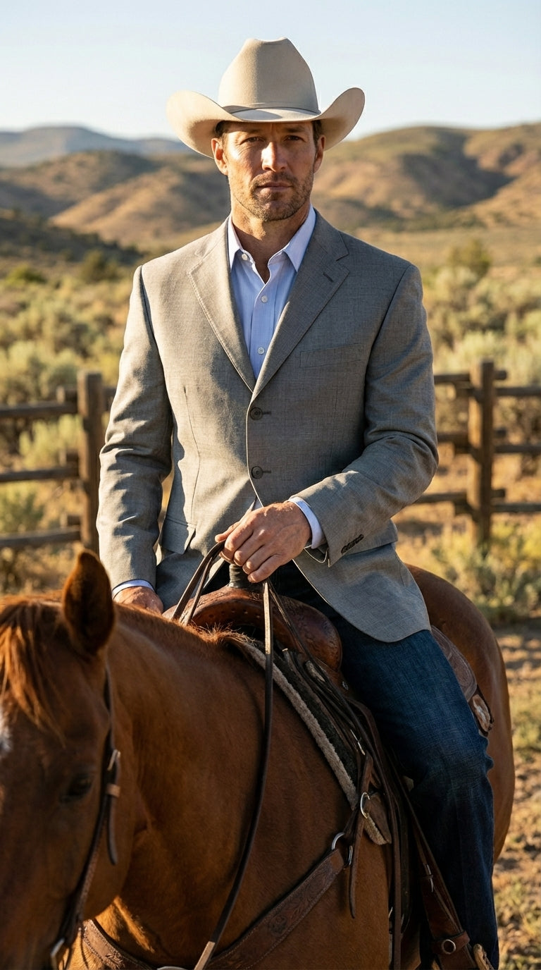 Mens Grey Western Three Button Blazer – Classic Cowboy Style Formal Jacket Business Casual Sport Coat