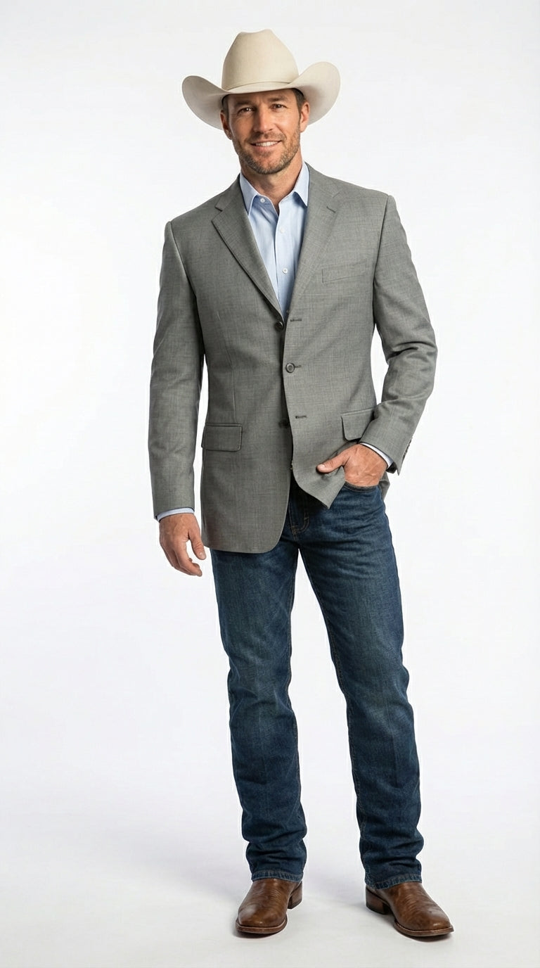 Mens Grey Western Three Button Blazer – Classic Cowboy Style Formal Jacket Business Casual Sport Coat