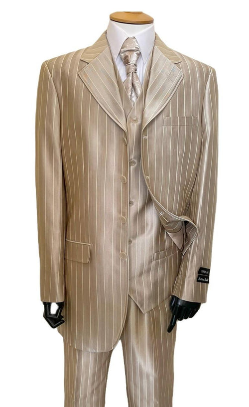 Zoot Suit - Shiny Gold Champaign Mens Harlem Gangster Suit 1920s Tan Stripe Fortino 2911V