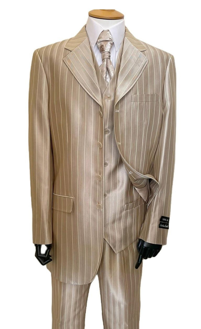 Gold champagne men's zoot suit: double-breasted jacket with peak lapel, tan stripes. Matching loose-fit trousers and vest. Glossy gold fabric, possibly silk or satin.
