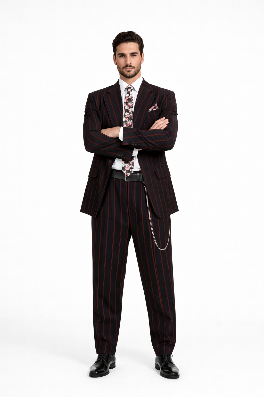Mens High Fashion Vested Black And Red Pinstripe Zoot Suit For Sale ~ Pachuco Mens Suit Perfect For Wedding