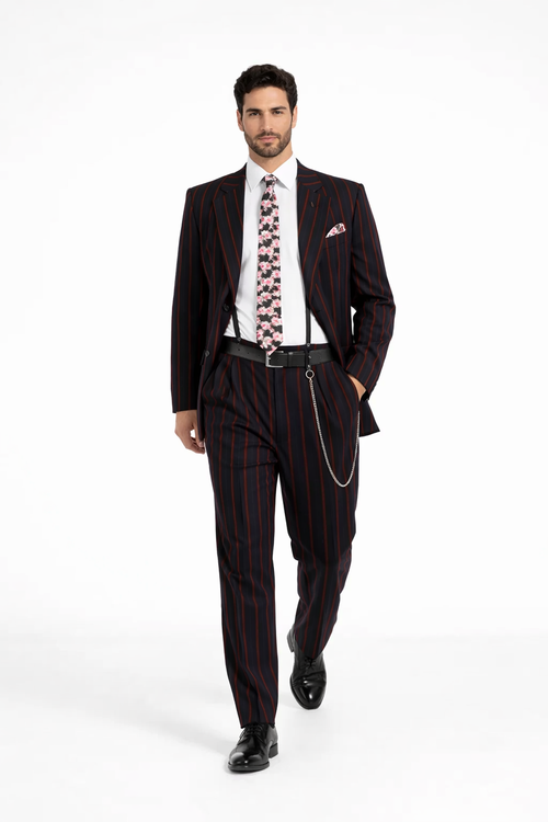 Mens High Fashion Vested Black And Red Pinstripe Zoot Suit For Sale ~ Pachuco Mens Suit Perfect For Wedding