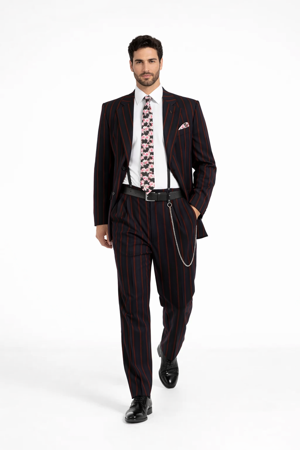 Mens High Fashion Vested Black And Red Pinstripe Zoot Suit For Sale ~ Pachuco Mens Suit Perfect For Wedding