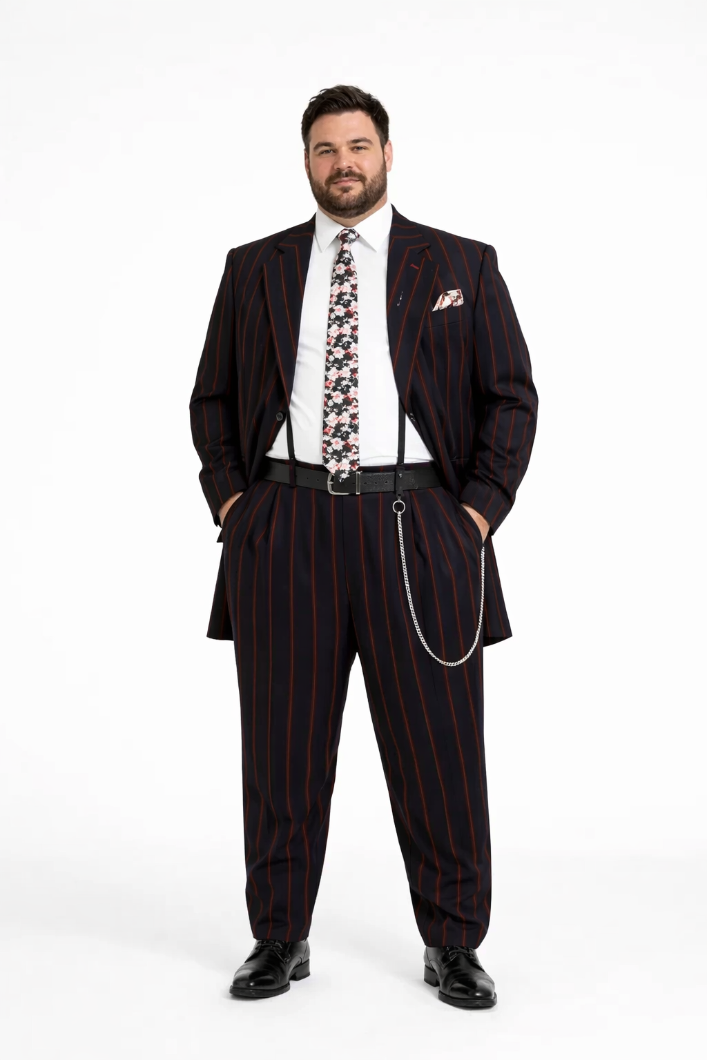 Mens High Fashion Vested Black And Red Pinstripe Zoot Suit For Sale ~ Pachuco Mens Suit Perfect For Wedding