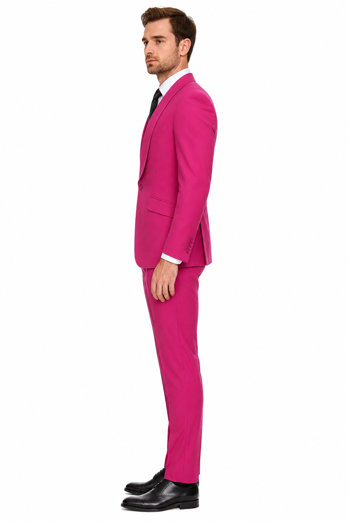 Mens Hot Pink Tuxedo Dinner Jacket + Pants with Shawl Lapel - Slim Fit 2-Piece Suit for Weddings, Proms Suit in Fuchsia Colors