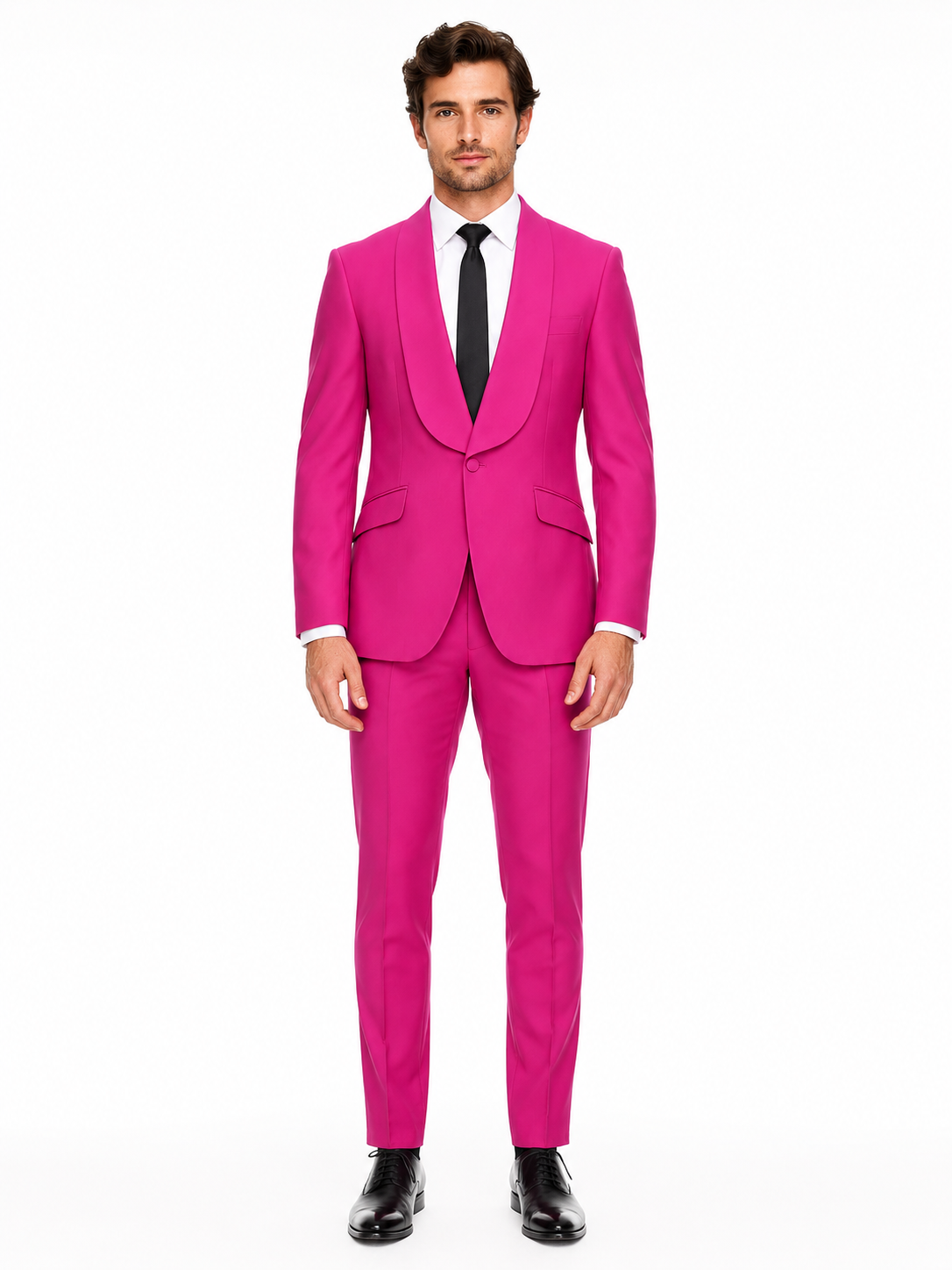 Mens Hot Pink Tuxedo Dinner Jacket + Pants with Shawl Lapel - Slim Fit 2-Piece Suit for Weddings, Proms Suit in Fuchsia Colors