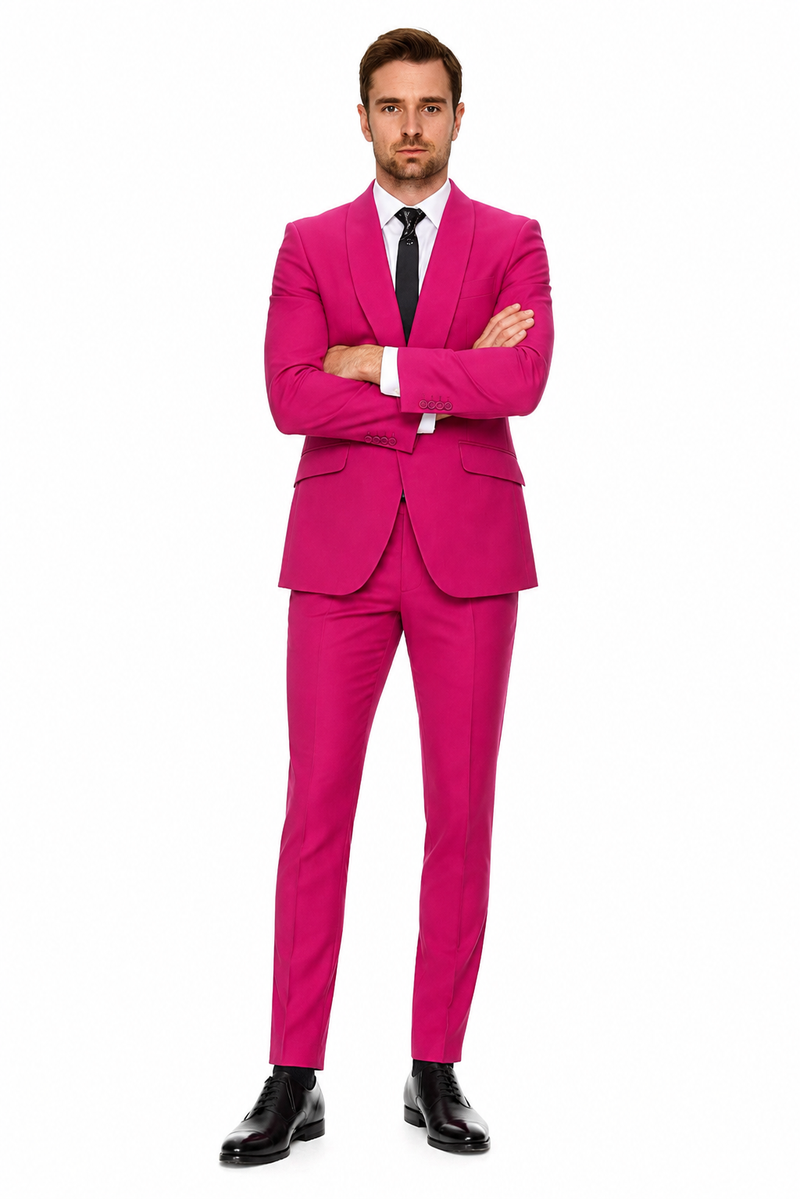 Mens Hot Pink Tuxedo Dinner Jacket + Pants with Shawl Lapel - Slim Fit 2-Piece Suit for Weddings, Proms Suit in Fuchsia Colors