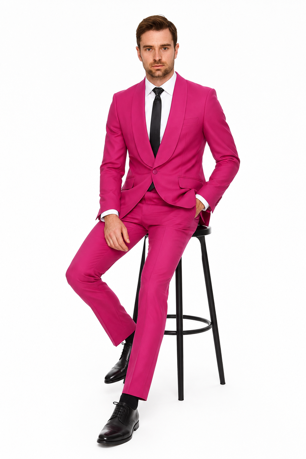 Mens Hot Pink Tuxedo Dinner Jacket + Pants with Shawl Lapel - Slim Fit 2-Piece Suit for Weddings, Proms Suit in Fuchsia Colors