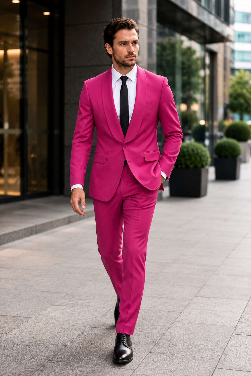 Mens Hot Pink Tuxedo Dinner Jacket + Pants with Shawl Lapel - Slim Fit 2-Piece Suit for Weddings, Proms Suit in Fuchsia Colors