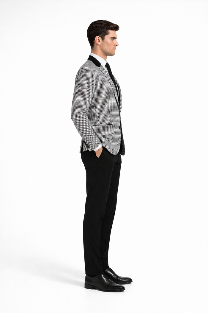 Mens Houndstooth Blazers Mens Two Button houndstooth checkered Designed Black ~ White Blazer