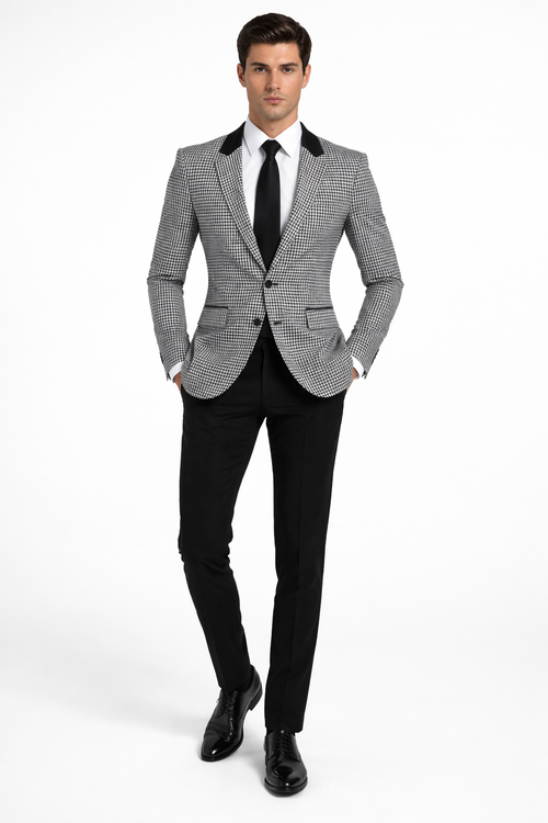 Mens Houndstooth Blazers Mens Two Button houndstooth checkered Designed Black ~ White Blazer