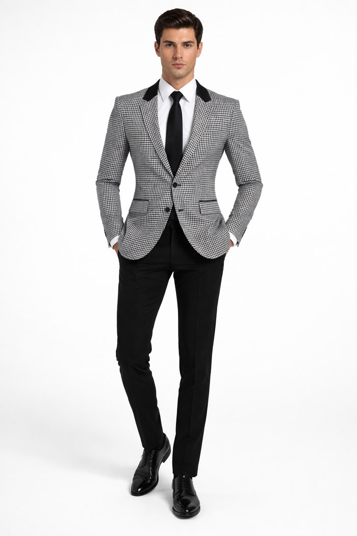 Mens Houndstooth Blazers Mens Two Button houndstooth checkered Designed Black ~ White Blazer