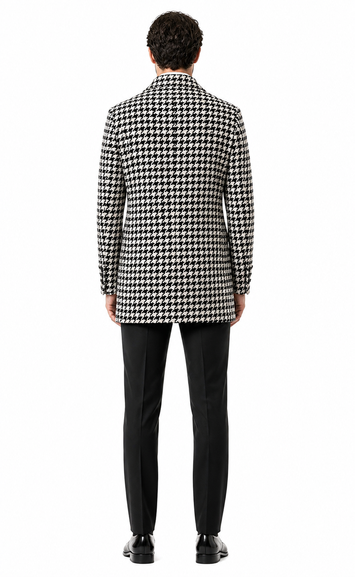Mens Houndstooth Double-Breasted Wool Peacoat â€“ Black and White Wool  Short Coat Slim Fit