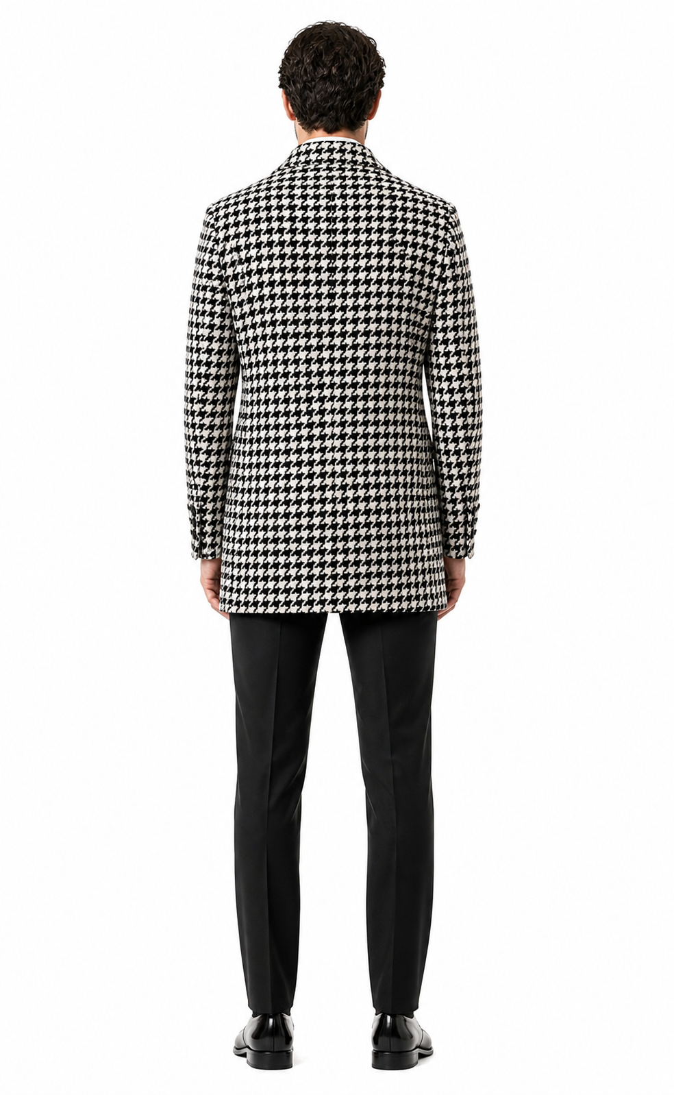 Mens Houndstooth Double-Breasted Wool Peacoat â€“ Black and White Wool  Short Coat Slim Fit