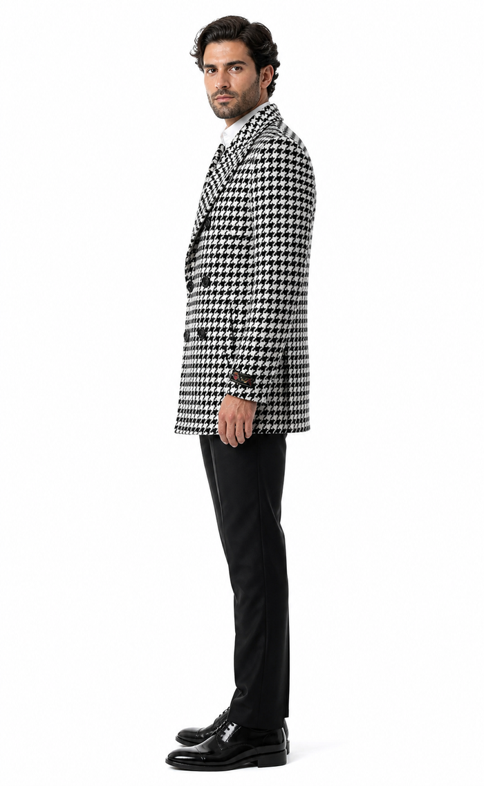 Mens Houndstooth Double-Breasted Wool Peacoat â€“ Black and White Wool  Short Coat Slim Fit