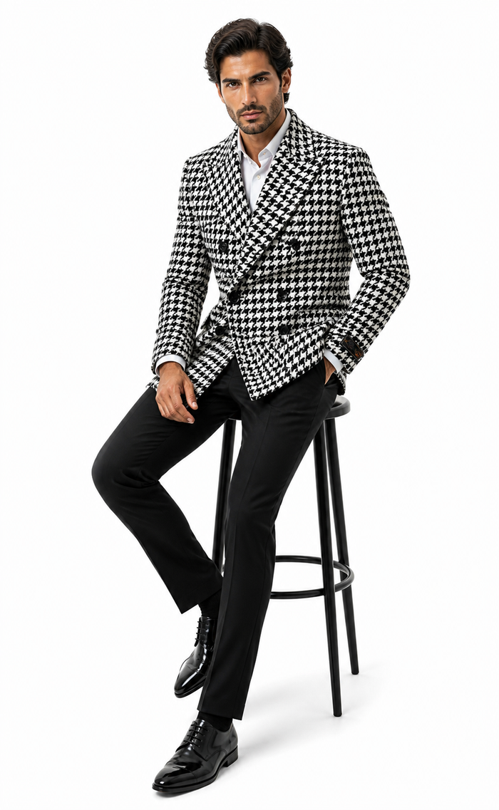 Mens Houndstooth Double-Breasted Wool Peacoat â€“ Black and White Wool  Short Coat Slim Fit