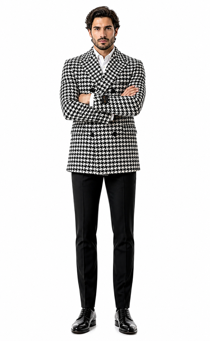 Mens Houndstooth Double-Breasted Wool Peacoat â€“ Black and White Wool  Short Coat Slim Fit