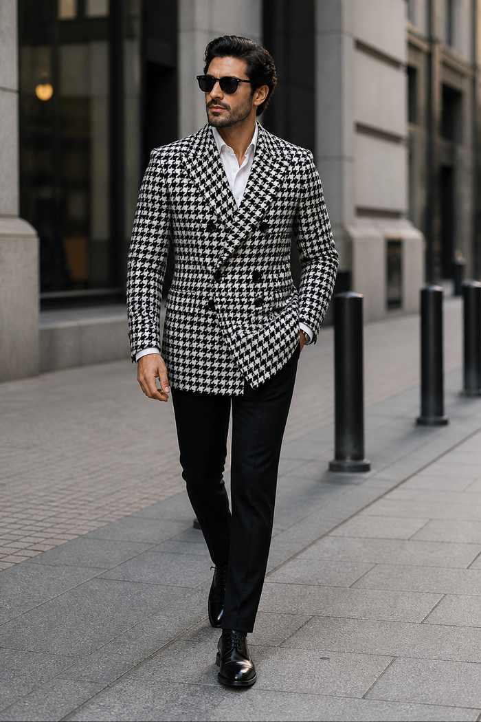 Mens Houndstooth Double-Breasted Wool Peacoat â€“ Black and White Wool  Short Coat Slim Fit